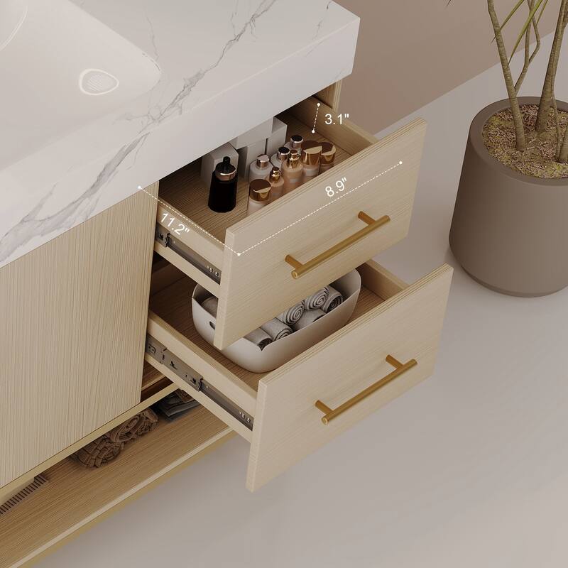 GDFStudio - Luxury 36" Freestanding Sintered Stone Bathroom Vanity with Seamless Ceramic Sink, Open Storage & Soft-Close Drawers