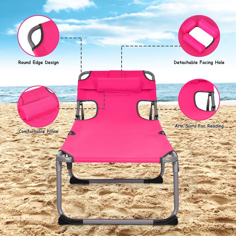 1/2PCS Outdoor Beach Chaise Lounge Folding Chair with Pillow Pink
