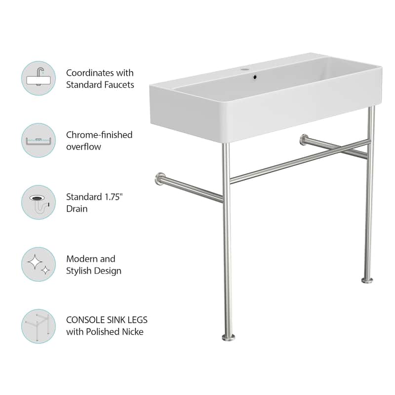 Ceramic Console Sink with Polished Nickel Support, 32-Inch Bathroom Sink with Overflow