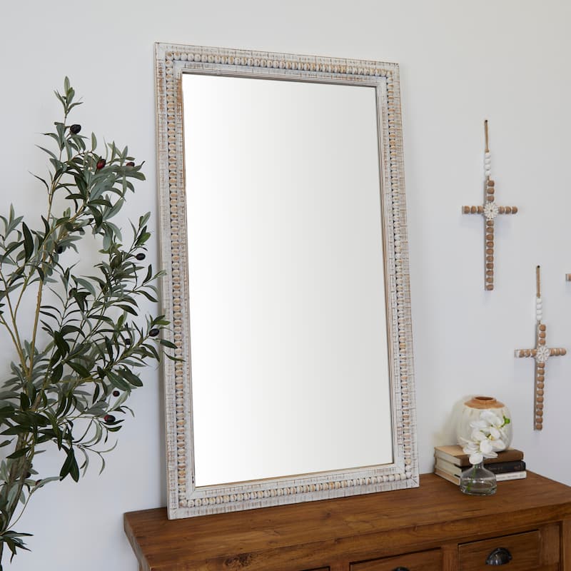 Wood Carved Beaded Wall Mirror - White - Roche River Decor - 1"W x 28"L x 48"H