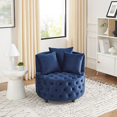 Blue Modern 30" Upholstered Swivel Button Tufted Accent Chair with Movable Wheels and 3 Pillows