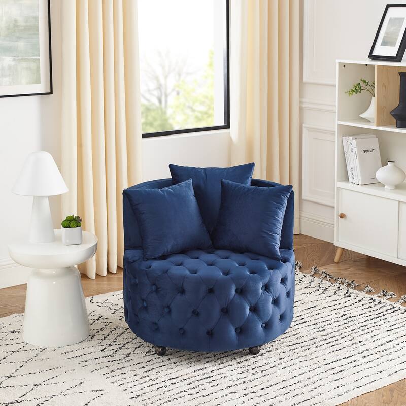 Roomfitters Velvet Swivel Chair with Tufted Button Design, Round Accent Chair with 3 Pillows and Wheels, Lounge Seating - Blue
