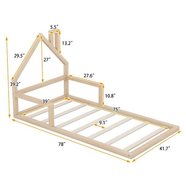 dimension image slide 1 of 2, Twin Size Floor Bed with House Headboard - Sturdy Wood, Easy Assembly, Natural