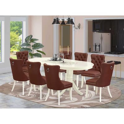 Oval Dining Set with 8 Chairs - Linen White Kitchen Table Set - Modern Parson Chairs