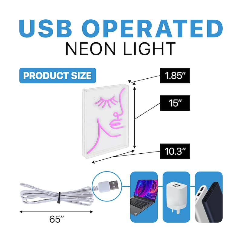 Half-Face 10.3" X 15" Contemporary Glam Acrylic Box USB Operated LED Neon Light, Pink by JONATHAN Y - 10.3" X 15"