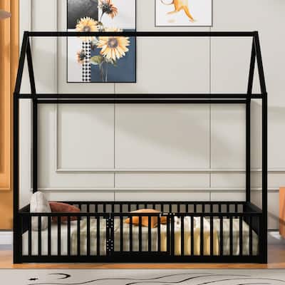 Twin/Full Size Metal House Shaped Floor Bed with Fence and Door Design