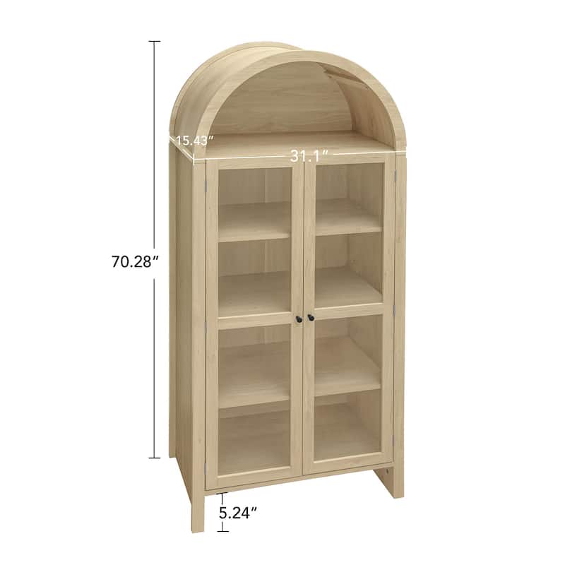 Roomfitters 70.28" Tall Arched Kitchen Pantry Cabinet, Modern Farmhouse Storage Cabinet with Glass Doors, Natural