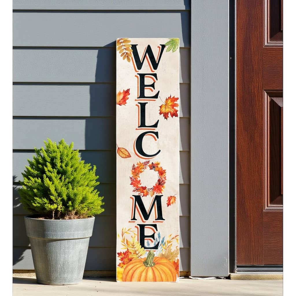 HomeRoots 36" Off White Orange And Black Solid Wood Porch Sign