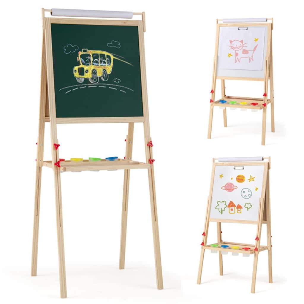 3-in-1 Kids Art Easel with Magnetic Chalkboard Whiteboard Paper Roll Adjustable Height Storage Trays and Paint Cups