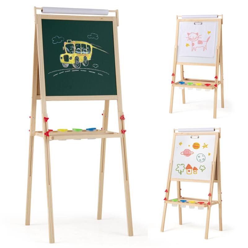 3-in-1 Kids Art Easel with Magnetic Chalkboard Whiteboard Paper Roll Adjustable Height Storage Trays and Paint Cups - Natural