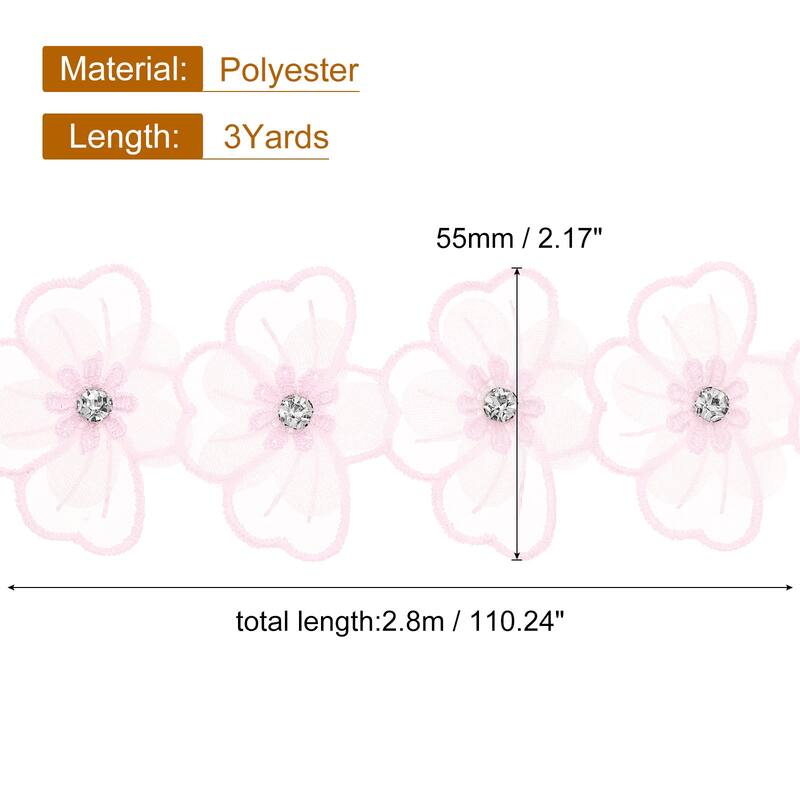 Flower Lace Trim Ribbon, Embroidered Polyester Applique - Pink - 3Yards