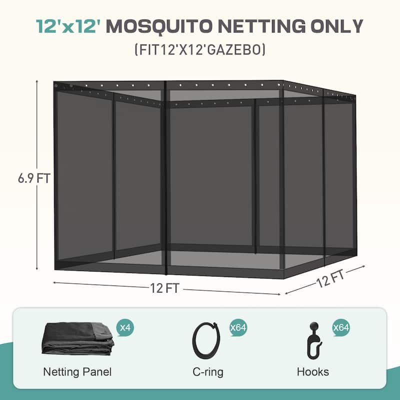 Aoodor 12'x12' Replacement Gazebo Mosquito Netting 4-Panel Sidewalls