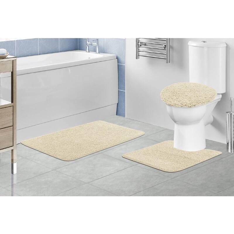Layla 3 PC Shaggy Bathroom Rug Set, Bath Mat, Contour Rug, Lid Cover, Solid Colors - Ivory