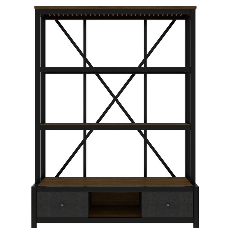 3-Shelf Metal Bookcase with Drawers for Home Office, Open Bookcase, Vintage Industrial Style Bookcase with LED
