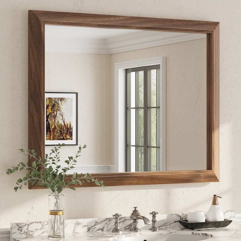 Beveled Metal Rectangle Framed Bathroom Vanity Tempered Glass Mirrors - 40" x 32" - Dark Brown