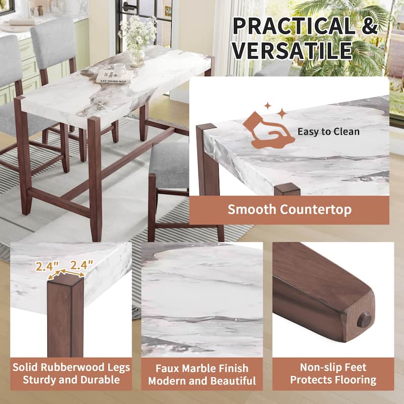 5-Piece Counter Height Dining Table Set, Faux Marble Bar Table And 4 Upholstered-Seat Chairs, Mid-Century Modern Dining Set