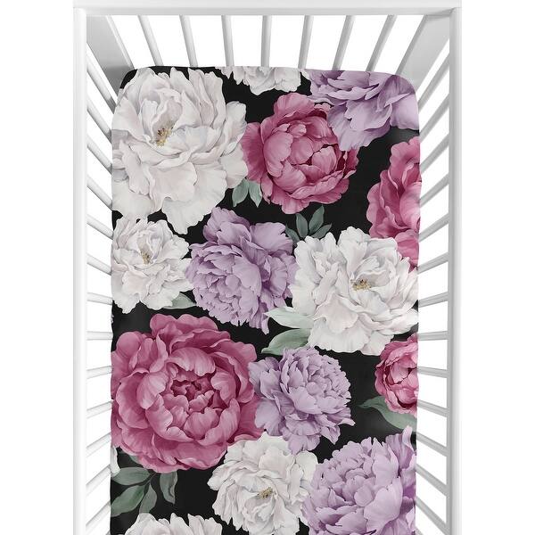 slide 2 of 6, Sweet Jojo Designs Black Rose Pink Boho Shabby Chic Floral Girl Fitted Crib Sheet Purple Bohemian Vintage Garden Flower Nature