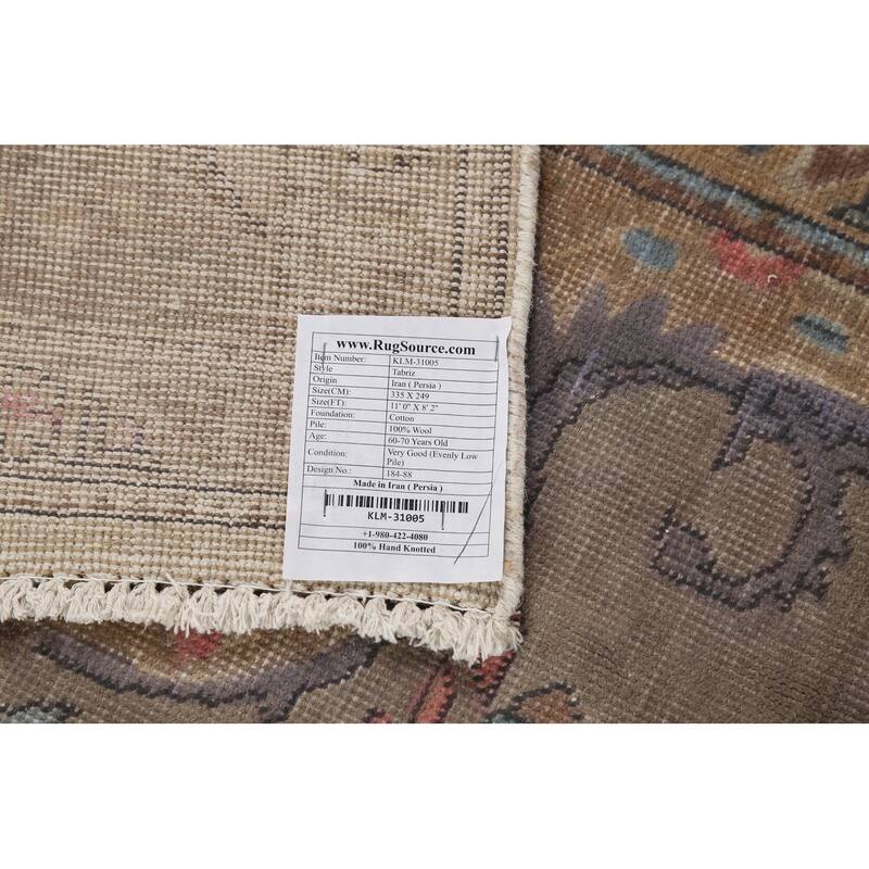 Distressed Brown Tabriz Persian Antique Rug Hand-Knotted Wool Carpet - 8'2"x 11'0"