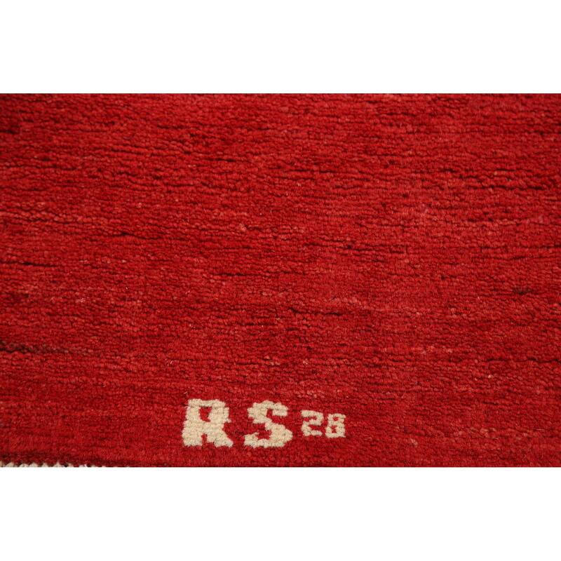 Modern Red Gabbeh Oriental Rug Hand-Knotted Wool Carpet - 3'1" x 4'10"