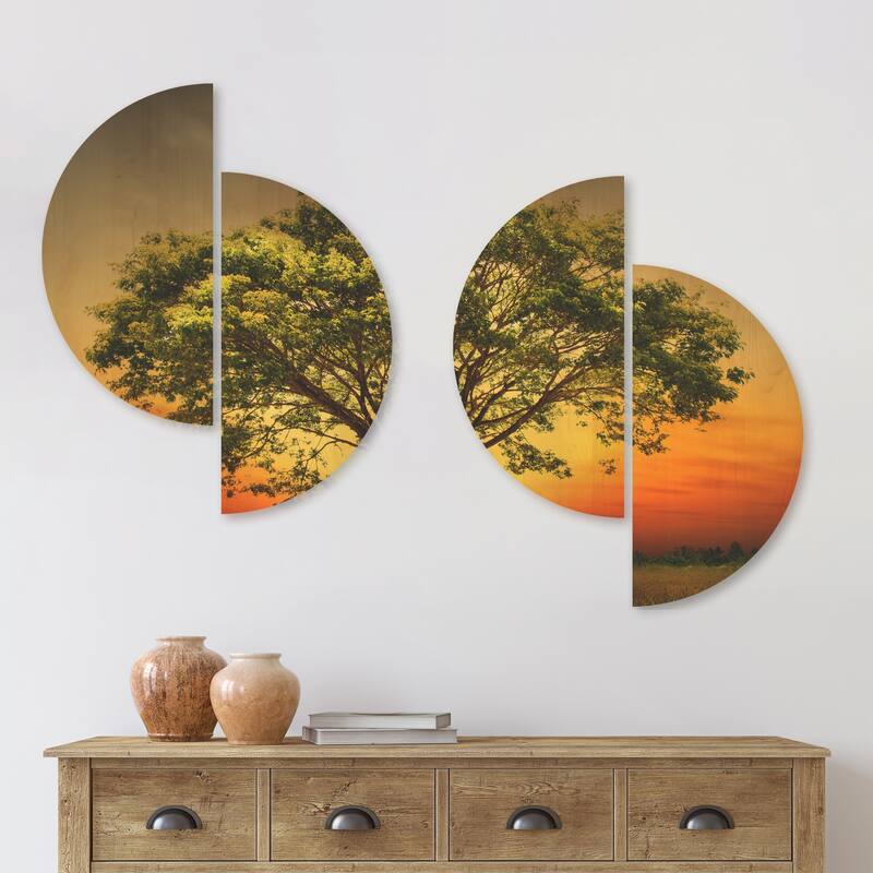 Designart 'Green Tree against Setting Sun' Trees Wood Wall Art Set of 4 ...