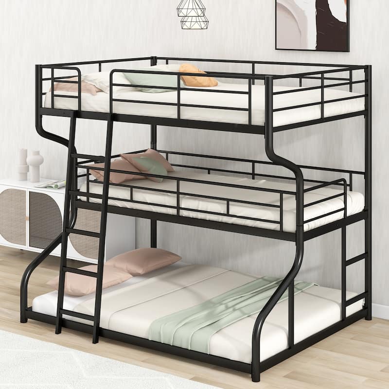 Full XL over Twin XL over Queen Size Bunk Bed with Full Length Guardrails, Heavy Duty Metal Triple Bunk Bed Frame with Ladder