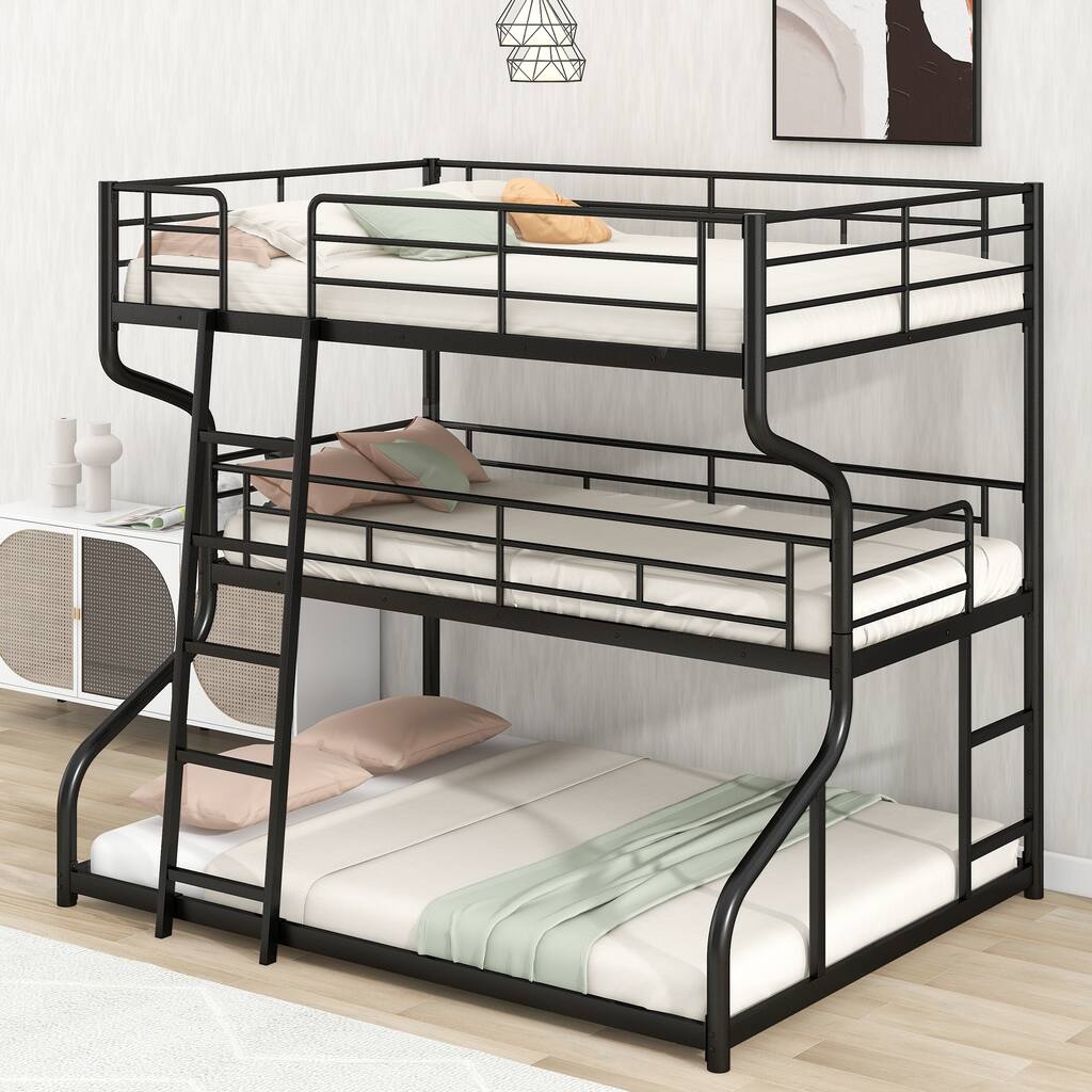 Triple Bunk Bed with Full XL, Twin XL, and Queen, Metal Frame, Safety Guardrails, Industrial Style for Shared Rooms