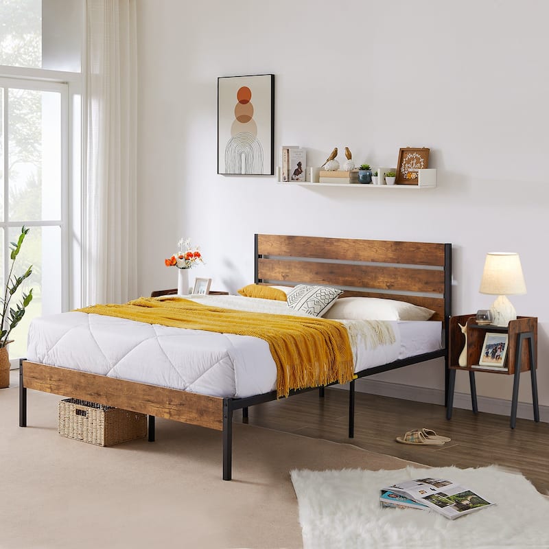 Javlergo 3-Piece Bedroom Sets Industrial metal Platform Bed Frame with Headboard and Set of 2 Nightstand, Rustic Brown