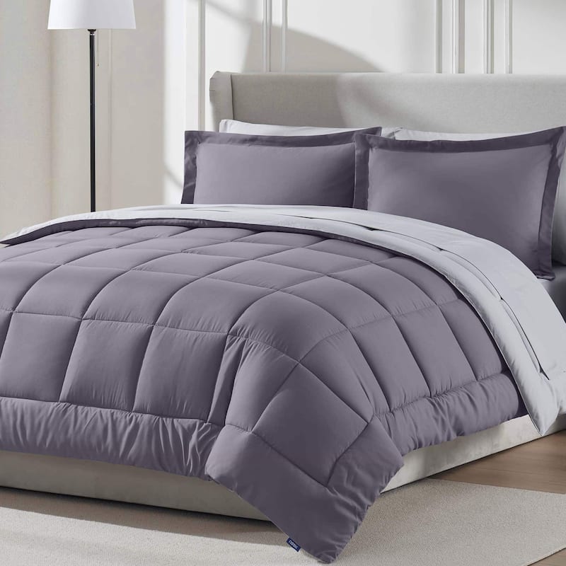 Emperyan Reversible Comforter Set Bed in a Bag with Cooling Pillow - Grayish Purple/California King - California King