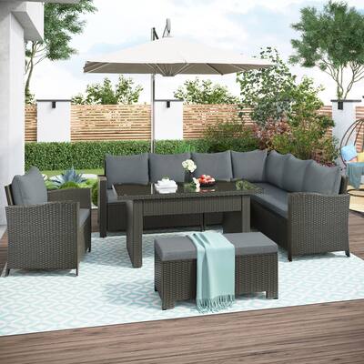 Patio Furniture Set, Outdoor Conversation Set, Dining Table Chair with Bench and Cushions