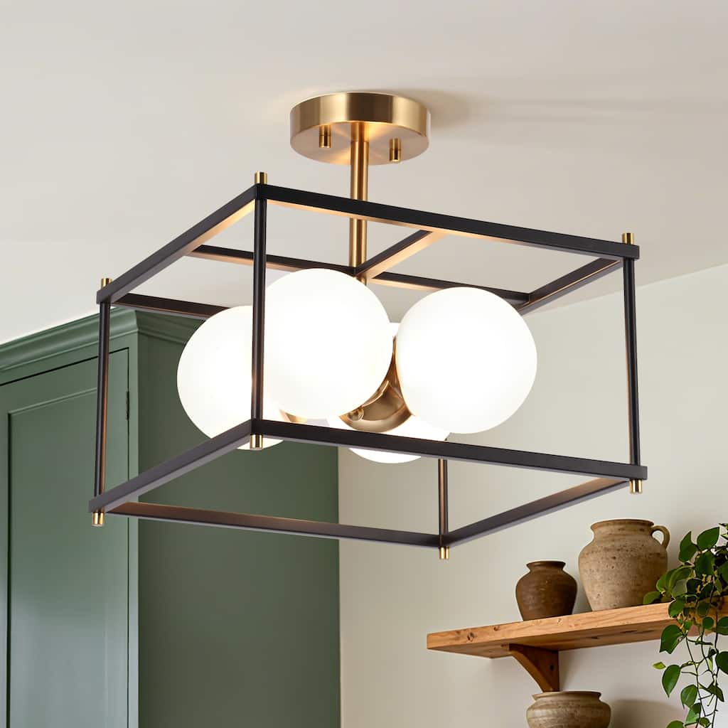 Modern 4-Light Black Gold Chandelier Square Semi Flush Mount Frosted Glass Ceiling Light for Kitchen - L13.5" x W13.5" x H13.5"