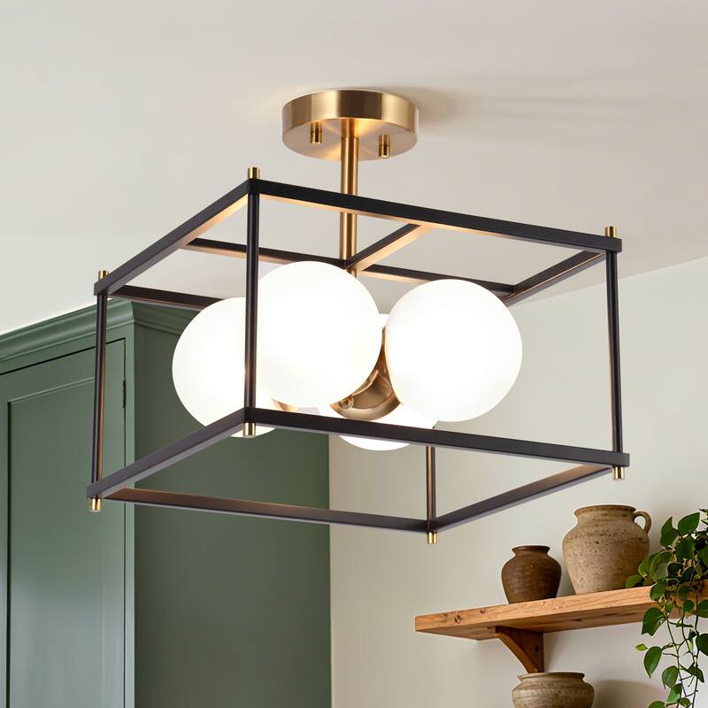 Modern 4-Light Black Gold Chandelier Square Semi Flush Mount Frosted Glass Ceiling Light for Kitchen - L13.5" x W13.5" x H13.5"
