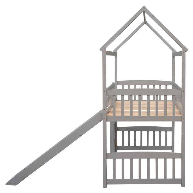 Space-Saving Twin Loft Bed with Slide, Gray - No Box Spring Needed