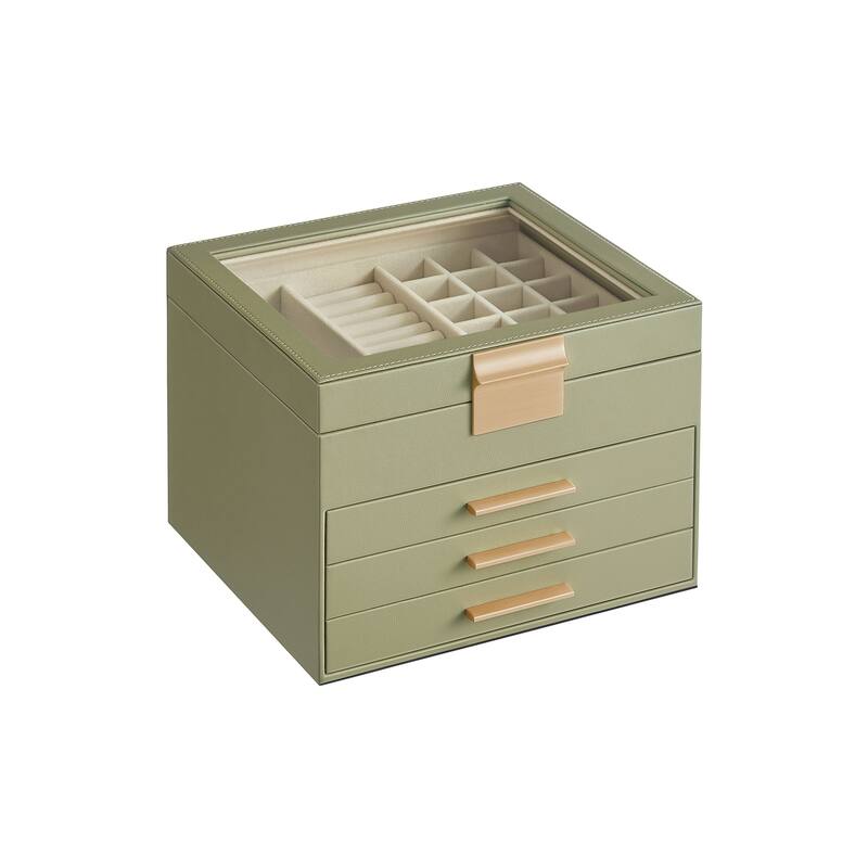 Modern Jewelry Organizer with Multiple Drawers Glass Top and Velvet Interior for Storage - 4- Layer - Avocado-Green-Gold