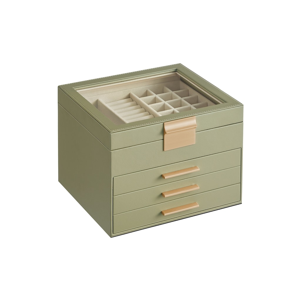 Modern Jewelry Organizer with Multiple Drawers Glass Top and Velvet Interior for Storage