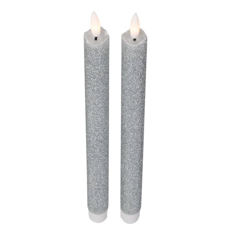 Set 2 Silver Glittered LED Flameless Taper Christmas Candles 11"