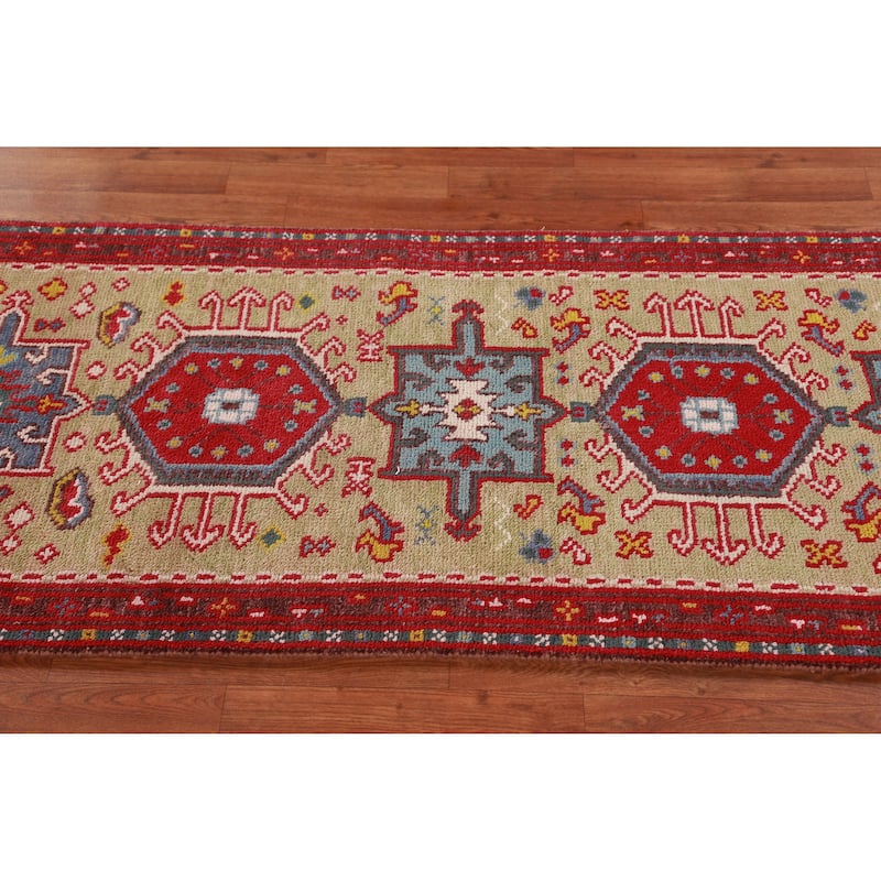 Hand Knotted Oriental 100% Wool Carpet Transitional Geometric Green Khotan Runner Rug - 9' 11'' X 2' 6''