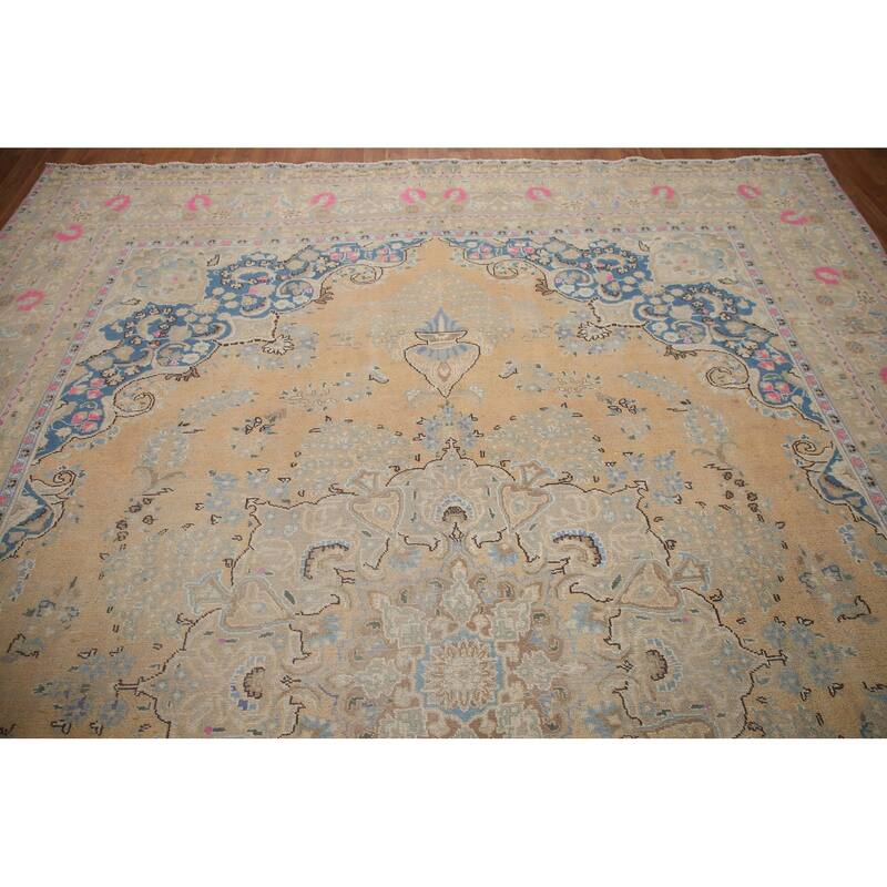 Hand Knotted Oriental 100% Wool Carpet Traditional Floral Peach Tabriz Area Rug - 12' 6'' X 9' 6''
