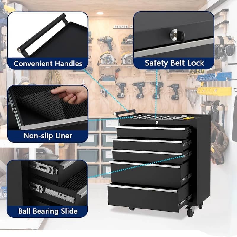 26-Inch 5-Drawer Rolling Tool Chest with Lockable Wheels - N/A