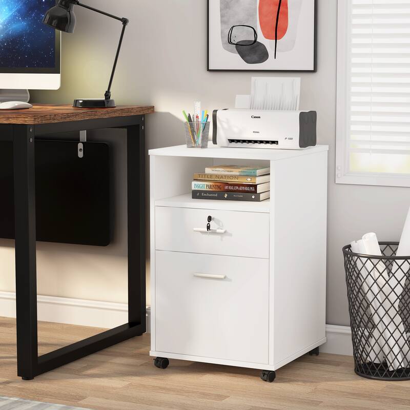 2 Drawer Mobile File Cabinet with Lock, Wood Modern Filing Cabinet