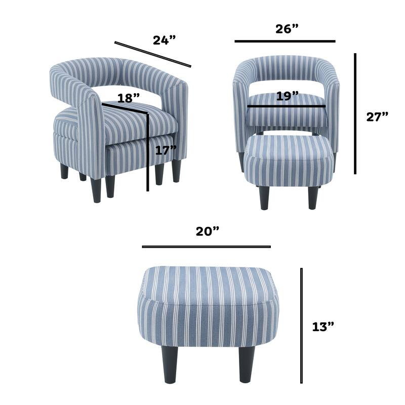 Modern Striped Accent Barrel Chair with Ottoman Set