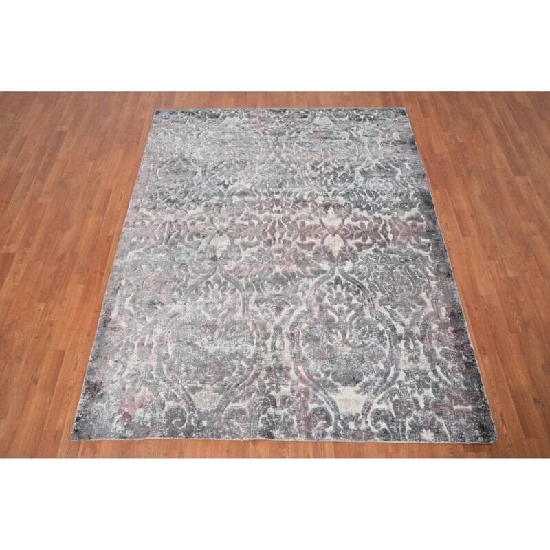 Hand Knotted Oriental Viscose Silk Carpet Modern Floral Greys & Charcoal Abstract Area Rug - 6' 11'' X 5' 6''