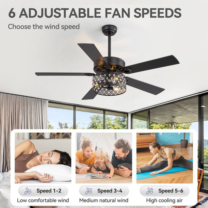52-inch Reversible 5-Blade Crystal Caged Ceiling Fan with Light and Remote