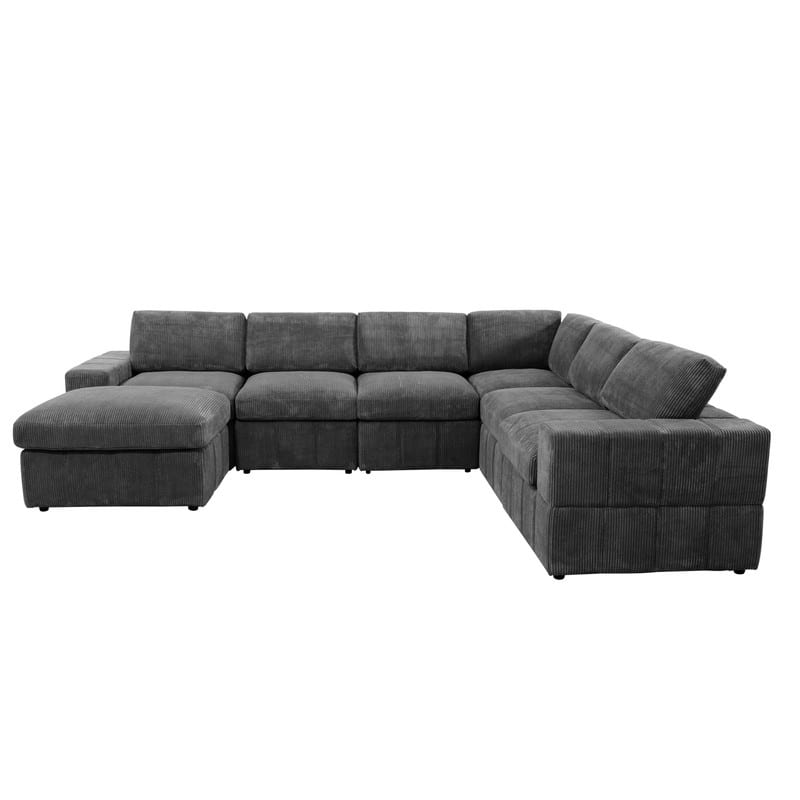 Corduroy Modular Sectional Sofa with Ottoman, Deep Seat L-Shaped Couch for Living Room, Dark Gray - Reversible - Grey