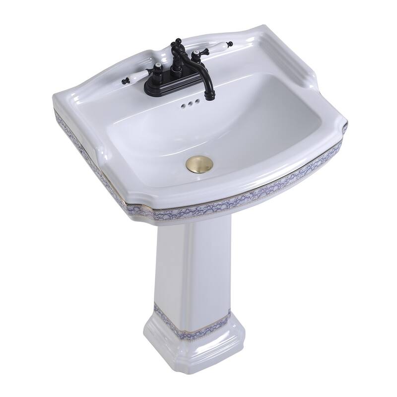 Decorative White Blue and Gold Bathroom Pedestal Sinks, 4" Centerset Faucet Holes