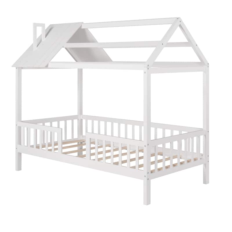 Montessori Full/Twin Size House Bed with Roof, Kids Playhouse Bed with Fence, Wood Platform Bed, No Box Spring Required