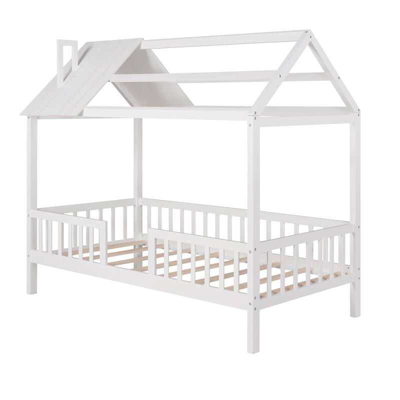 Wooden House Bed Frame Twin Size Platform Bed with Roof and Fence