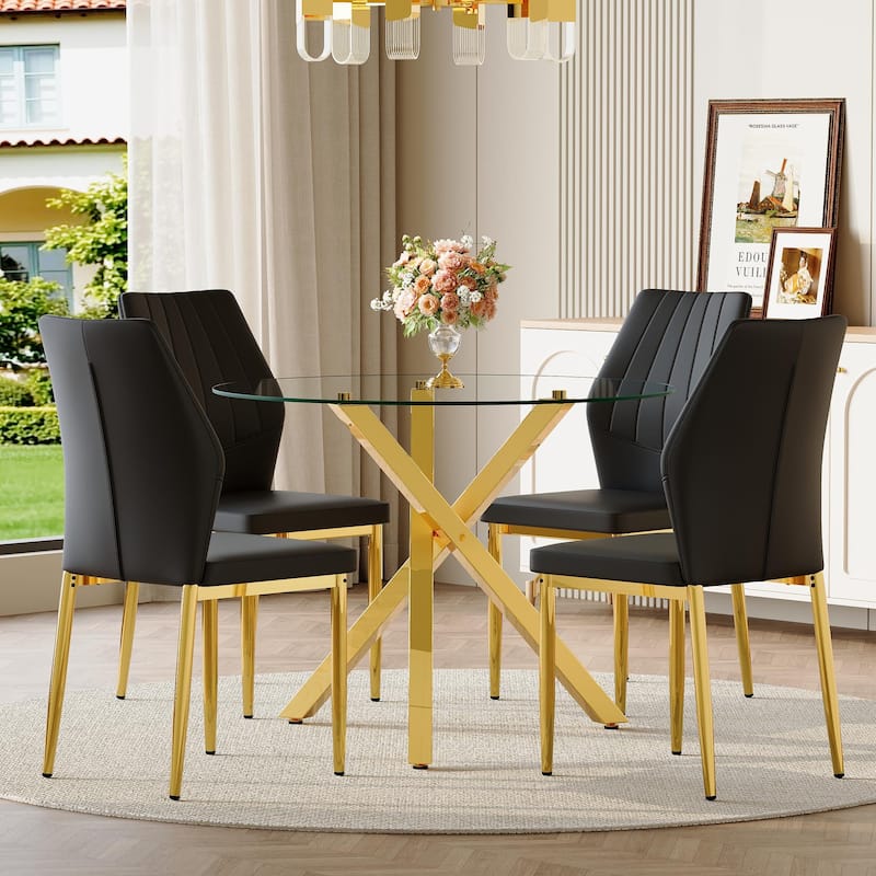 5 Piece Dining Table Set with 39 Inch Round Glass Top X Shaped Metal Base and 4 PU Chairs
