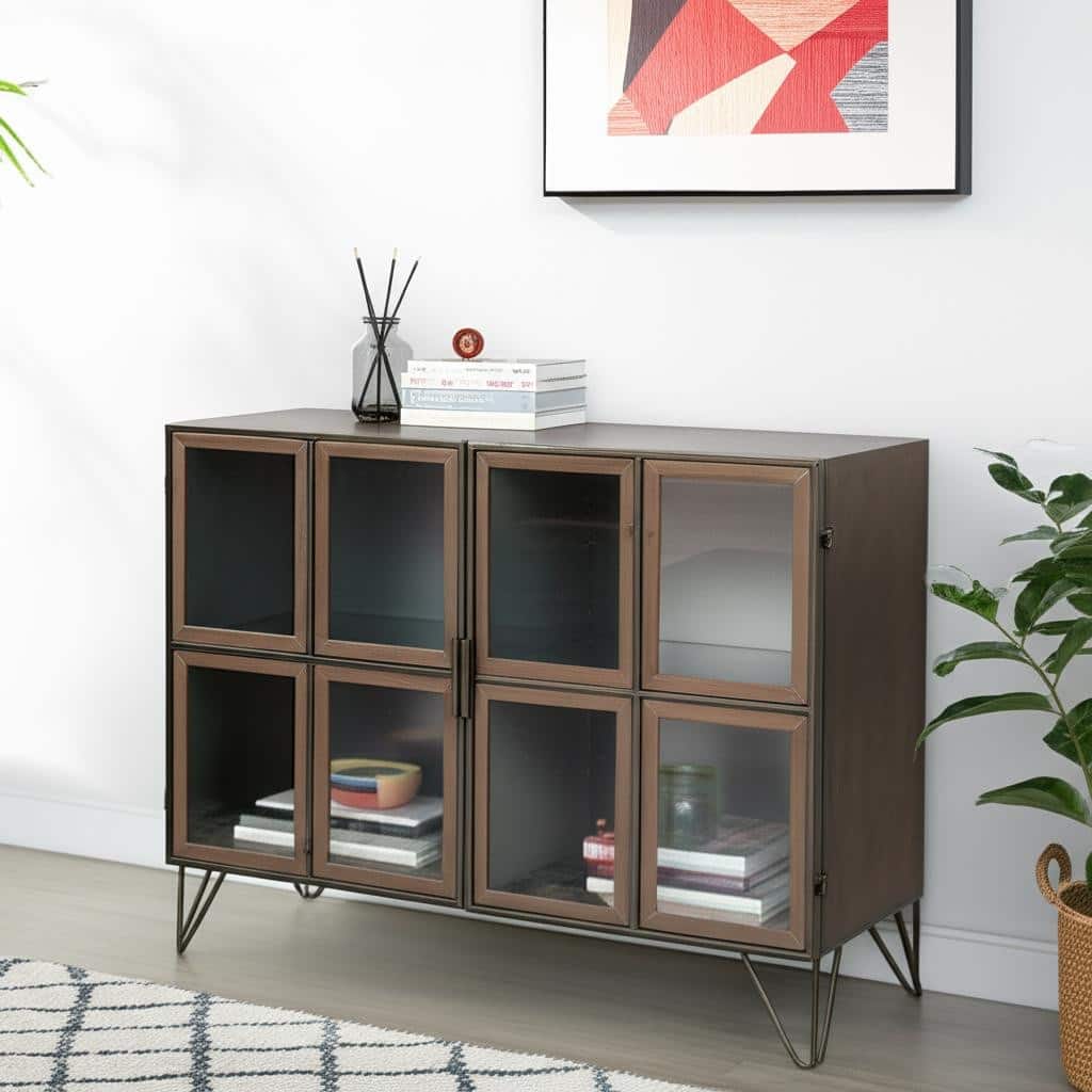 HomeRoots 37" Antiqued Brass and Brown Metal and Solid Wood Accent Cabinet With Two Doors