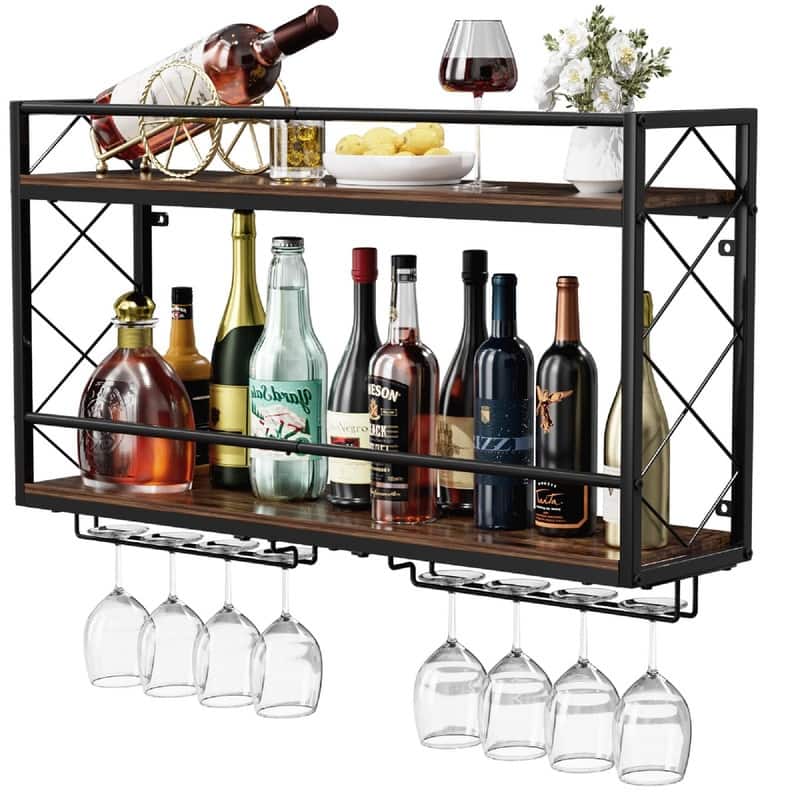 Wall Mounted 2 Tier Wine Rack with Glass Holder - 31.5"D x 16.93"W x 7.87"H