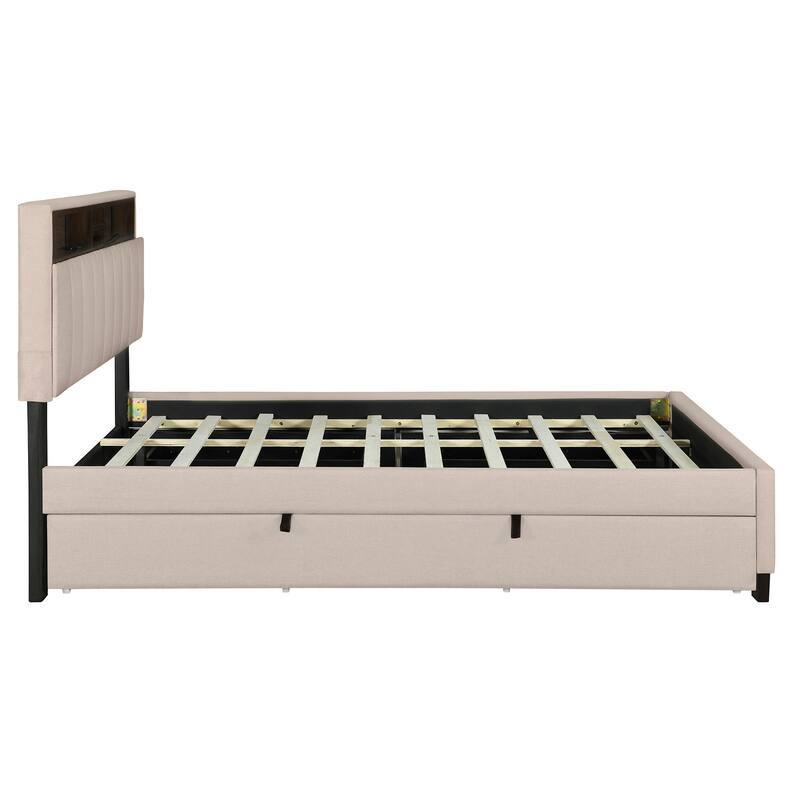 Full Size Upholstered Platform Bed with Storage Headboard, Twin Trundle, Drawers & USB Ports, Beige Linen Fabric